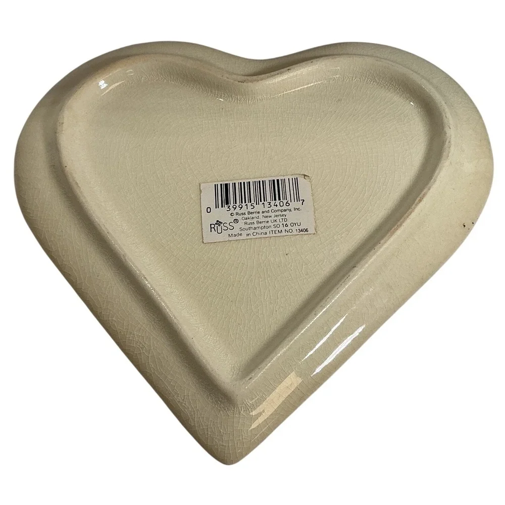 Russ‎ Berrie Grandma Heart Ceramic Trinket Dish Pink Roses Crackle Glaze 13406
